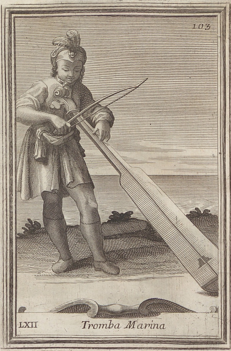 Engraving of a young musician bowing a tall tromba marina that rests on the ground, plate LXII from Bonanni's Gabinetto armonico