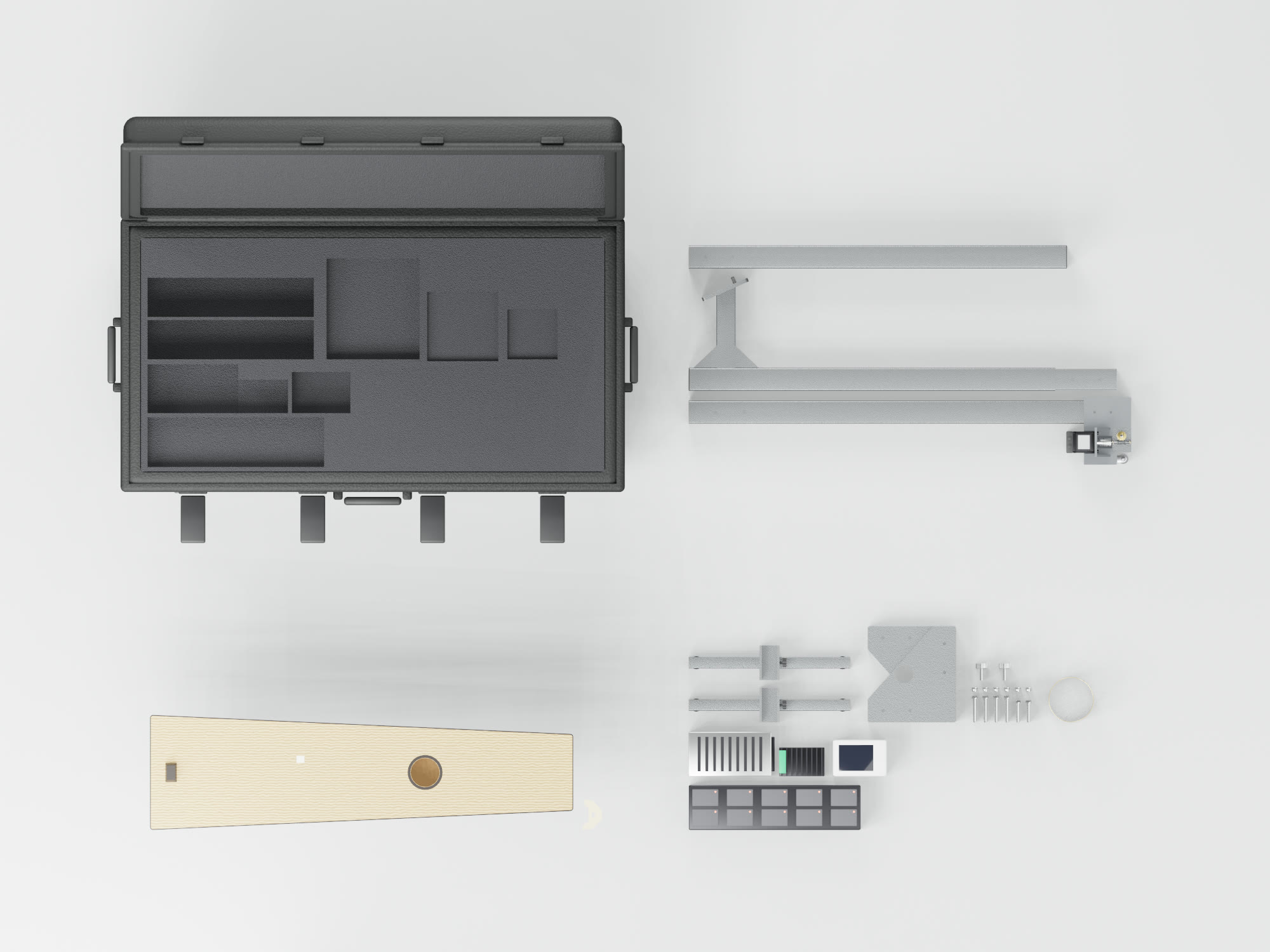 Render seen from above: an open black transport case with foam pockets, and beside it the parts of the trombone marino laid out in three groups: the steel arm and base halves, the long wooden body, and the electronics, foot controller, feet, braces, bolts and coiled string