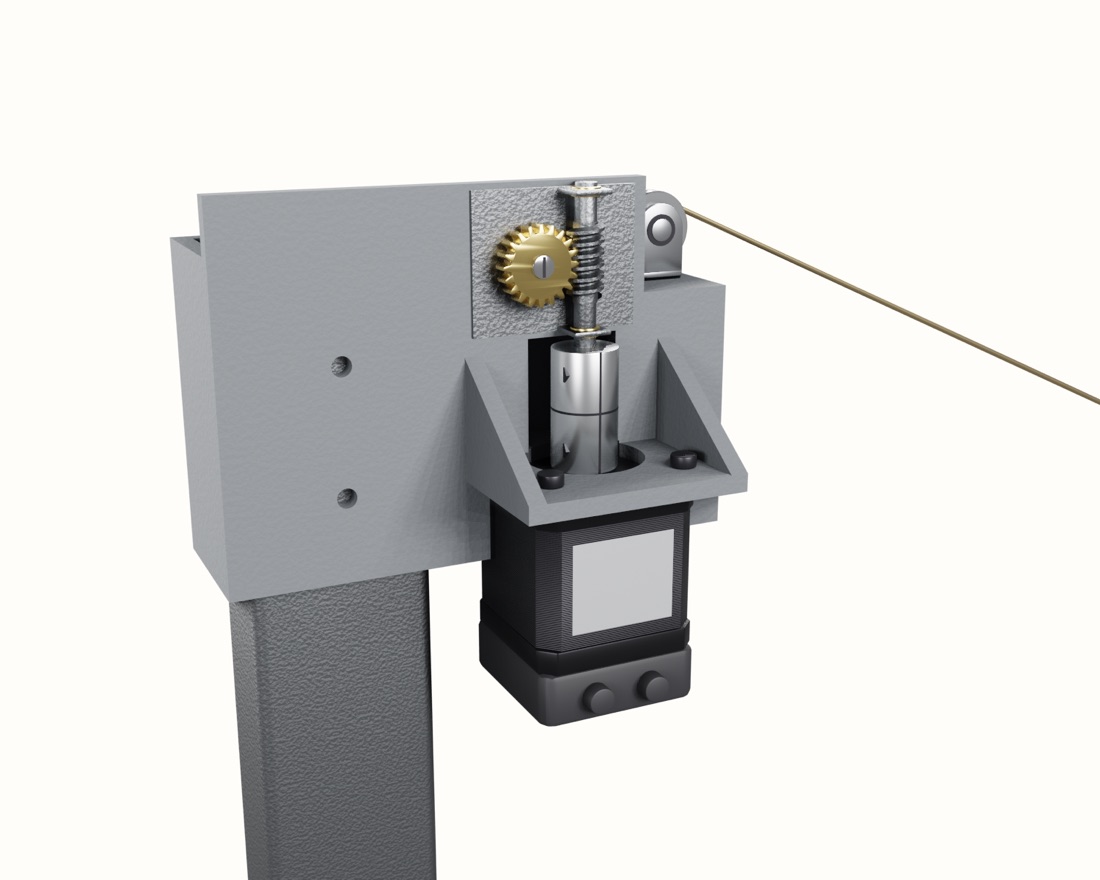 Render of the drive behind the head box: a stepper motor turning the worm of a double bass machine head through a coupler