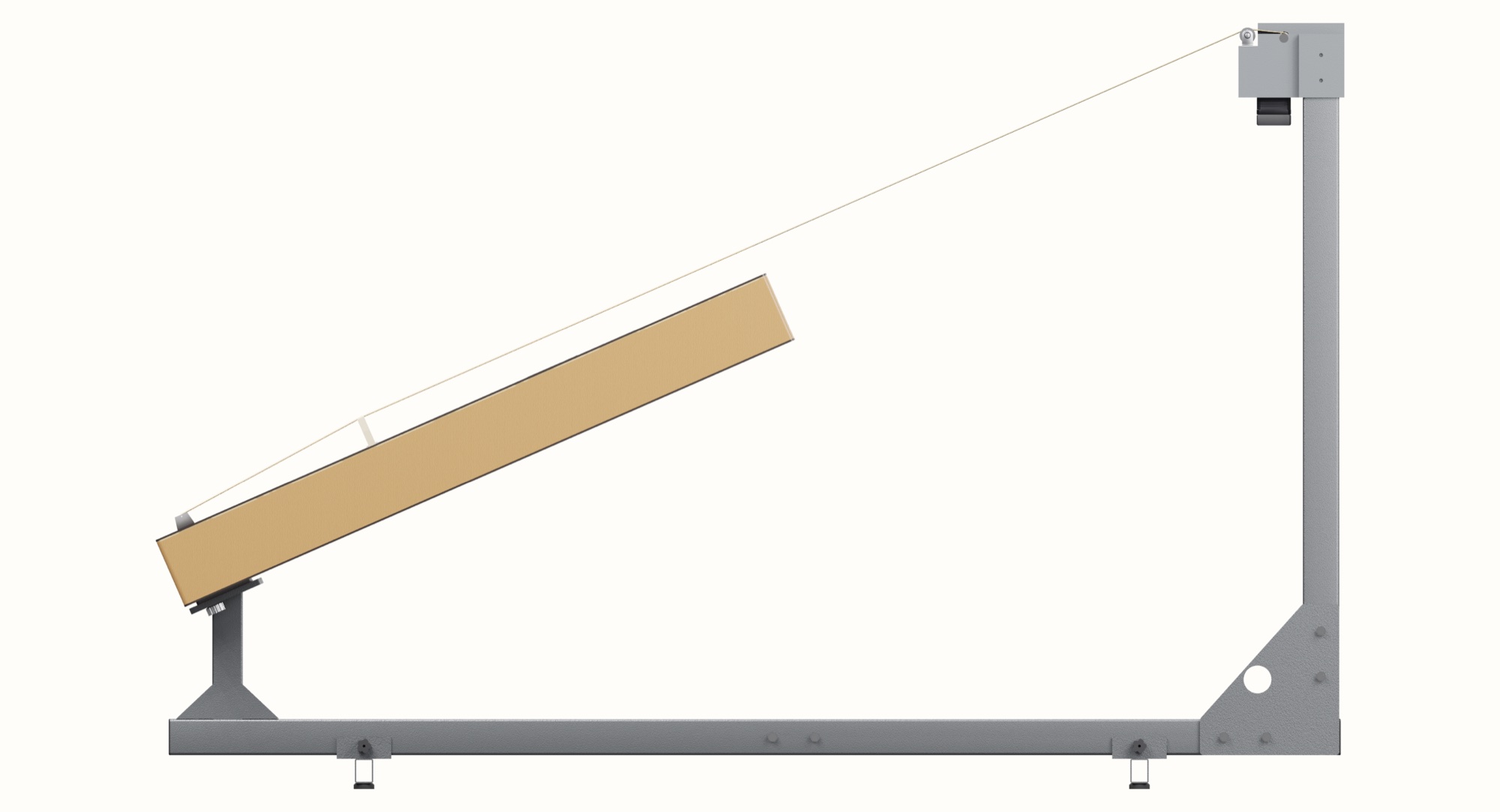 Side view render of the trombone marino: a wooden body on a steel frame, the string rising to the motor head at the top of the upright